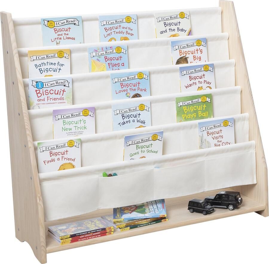 WonderMind XL Massief Houten Kinderboekenrek 6 niveaus【Gewoon Hout + Katoen GEEN MDF】- W76×H83×D28cm Grenen Houtkleur & Beige Boekenkast voor kinderen Bookcase Boekenplank Kinderkamerkast Speelgoedrek Opbergrek Speelgoedkast Boekenrek