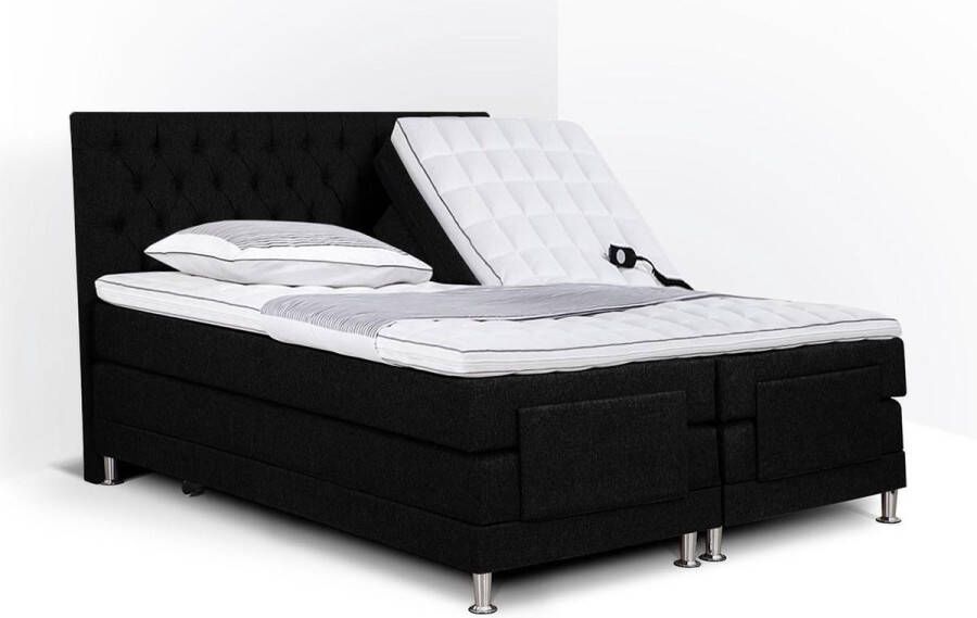 Olympic Life Boxspring Bonita compleet merk elektrisch verstelbaar 160 x 210 cm zwart 18-delig met gecapitonneerd knopen motief hoofdbord