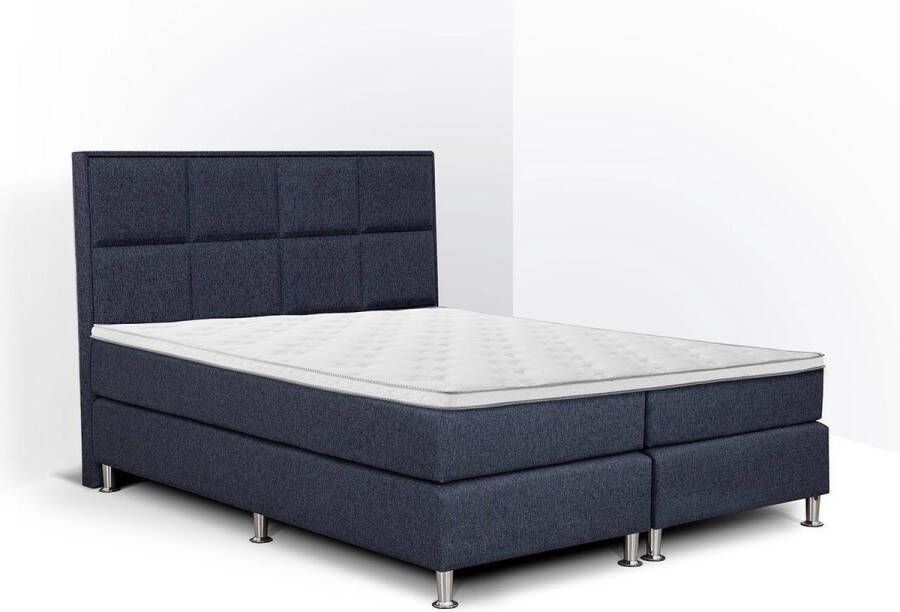 Olympic Life Boxspring Face compleet merk 160 x 210 cm blauw 18-delig met vierkanten motieven hoofdbord