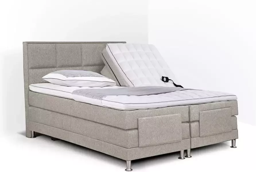 Olympic Life Boxspring Face compleet merk elektrisch verstelbaar 160 x 210 cm beige 18-delig met vierkanten motieven hoofdbord