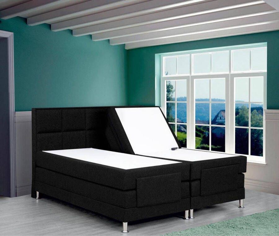 Olympic Life Boxspring Face compleet merk elektrisch verstelbaar 160 x 220 cm zwart 18-delig met vierkanten motieven hoofdbord