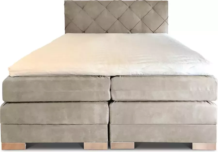 Olympic Life Boxspring Musa compleet merk 140 x 210 cm beige 18-delig met luxe ruiten motief hoofdbord Skaileer Jeep stoffering