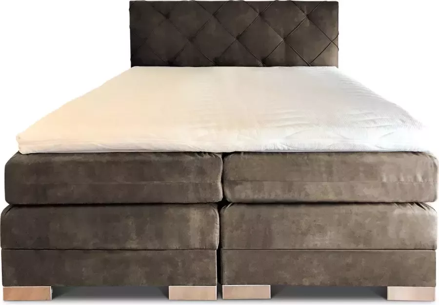 Olympic Life Boxspring Musa compleet merk 180 x 210 cm donker taupe 18-delig met luxe ruiten motief hoofdbord Skaileer Jeep stoffering