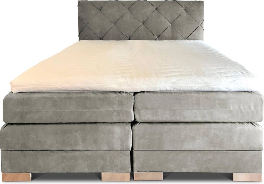 Olympic Life Boxspring Musa compleet merk 180 x 210 cm licht grijs 18-delig met luxe ruiten motief hoofdbord Skaileer Jeep stoffering