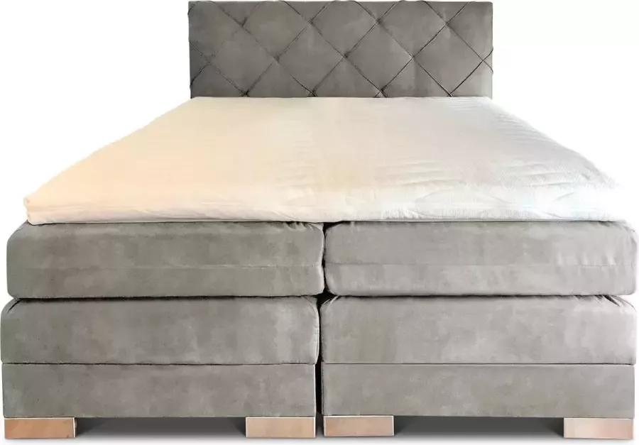 Olympic Life Boxspring Musa compleet merk 180 x 210 cm licht grijs 18-delig met luxe ruiten motief hoofdbord Skaileer Jeep stoffering