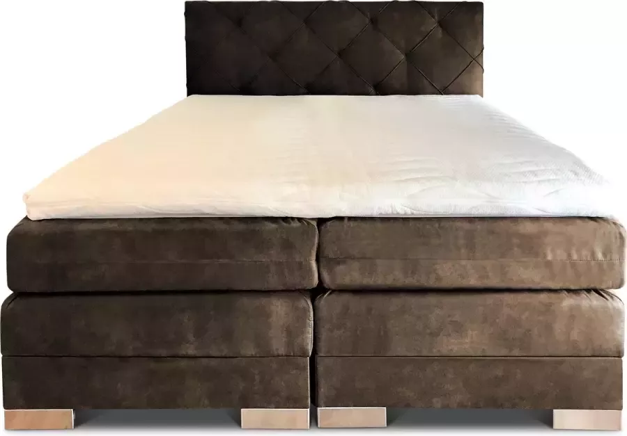 Olympic Life Boxspring Musa compleet merk 180 x 210 cm taupe 18-delig met luxe ruiten motief hoofdbord Skaileer Jeep stoffering