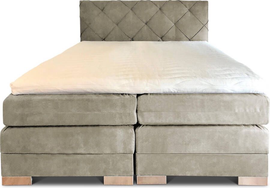 Olympic Life Boxspring Musa compleet merk 180 x 220 cm kaki 18-delig met luxe ruiten motief hoofdbord Skaileer Jeep stoffering