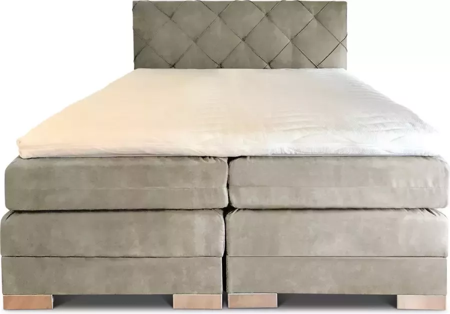 Olympic Life Boxspring Musa compleet merk 180 x 220 cm kaki 18-delig met luxe ruiten motief hoofdbord Skaileer Jeep stoffering