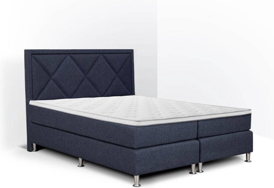 Olympic Life Boxspring Neo compleet merk 160 x 220 cm blauw 18-delig met ruiten motieven hoofdbord