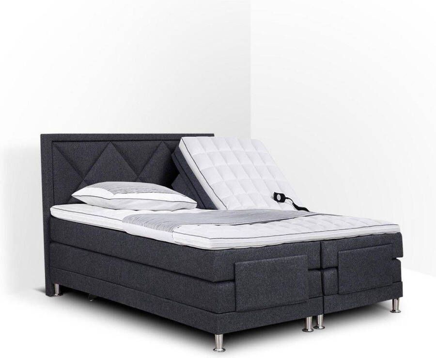 Olympic Life Boxspring Neo compleet merk elektrisch verstelbaar 140 x 200 cm grijs 18-delig met ruiten motieven hoofdbord