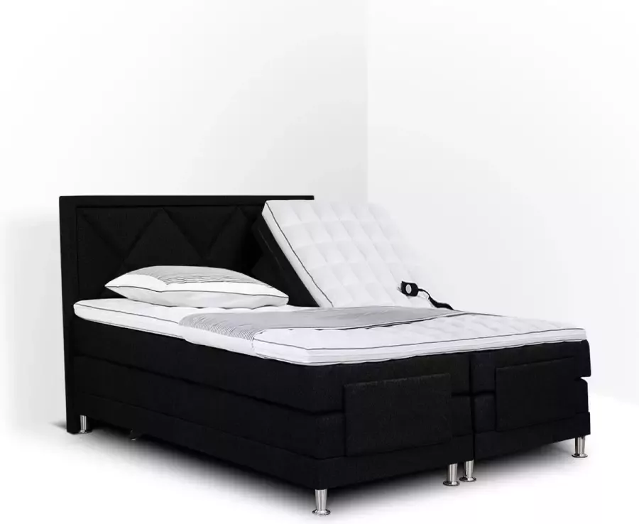 Olympic Life Boxspring Neo compleet merk elektrisch verstelbaar 140 x 200 cm zwart 18-delig met ruiten motieven hoofdbord