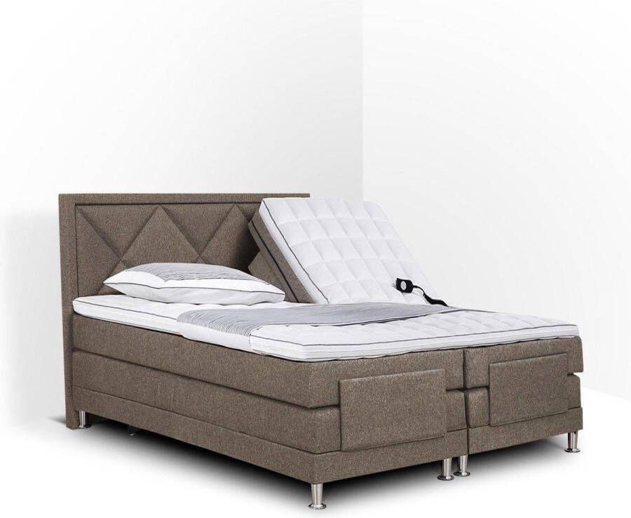 Olympic Life Boxspring Neo compleet merk elektrisch verstelbaar 160 x 210 cm bruin 18-delig met ruiten motieven hoofdbord