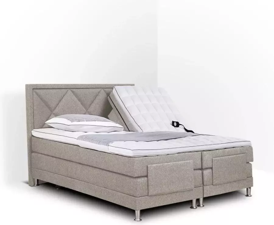 Olympic Life Boxspring Neo complete boxsprings merk elektrisch verstelbaar 200 x 220 cm beige 18-delig met ruiten motieven hoofdbord