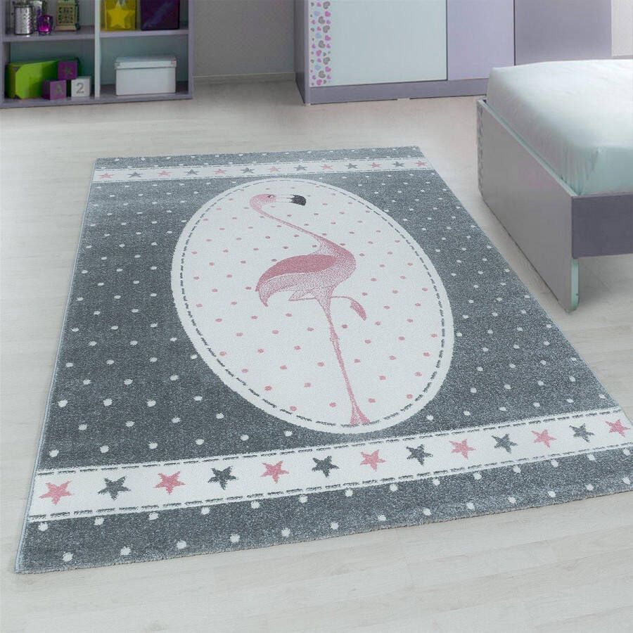 OmidCarpets.BE Kindertapijt Omid Flamingo Roos Vloerkleed 160x160 Rond- Kinderkamer Babykamer Baby Kids Jongens en Meisjes Kinderen