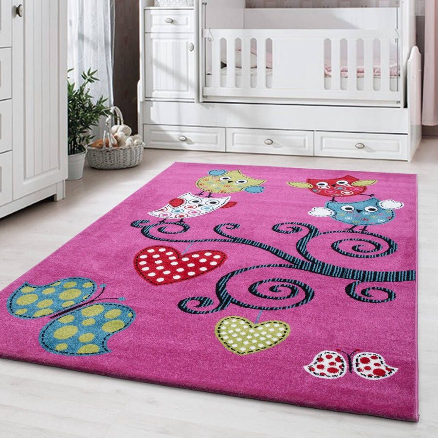 OmidCarpets.BE Kindertapijt Omid Vogeltjes Roos Vloerkleed 80x150- Kinderkamer Babykamer Baby Kids Jongens en Meisjes Kinderen