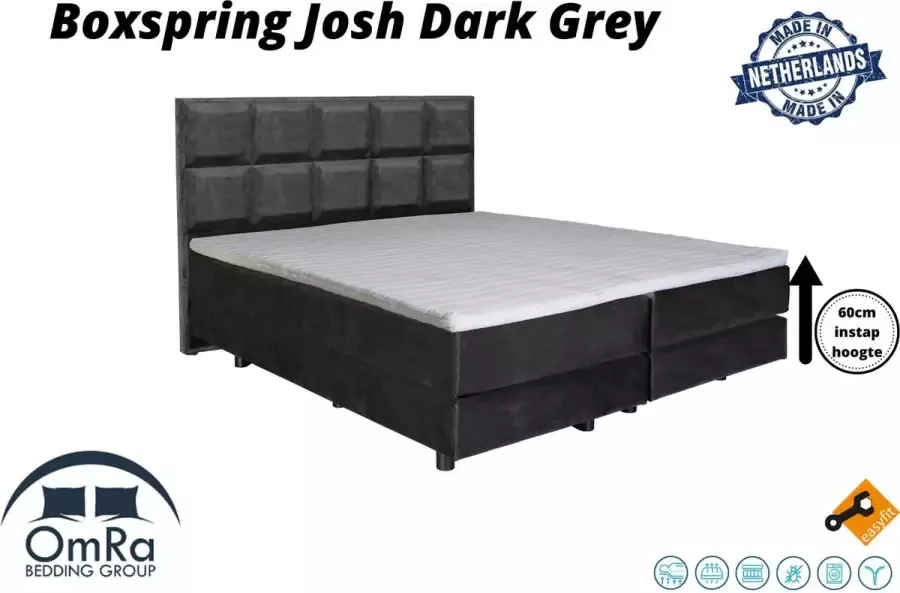 Omra bedding Complete boxspring Josh Dark Grey 90x200 cm Inclusief Topdekmatras Hotel boxspring
