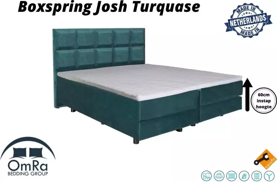Omra bedding Complete boxspring Josh Turquase 100x200 cm Inclusief Topdekmatras Hotel boxspring