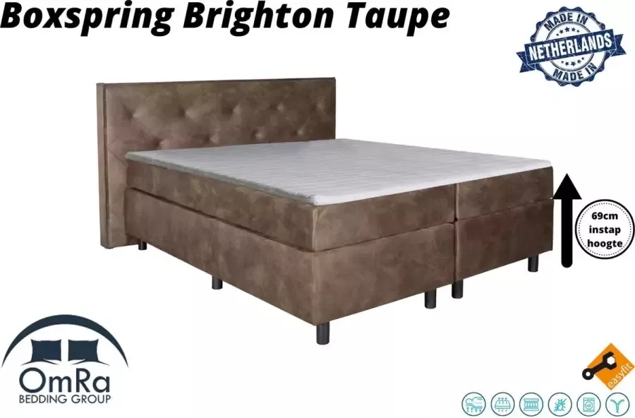 Omra bedding Omra Boxspring Brighton Taupe 180x210 Compleet Inclusief Topdekmatras Koudschuim