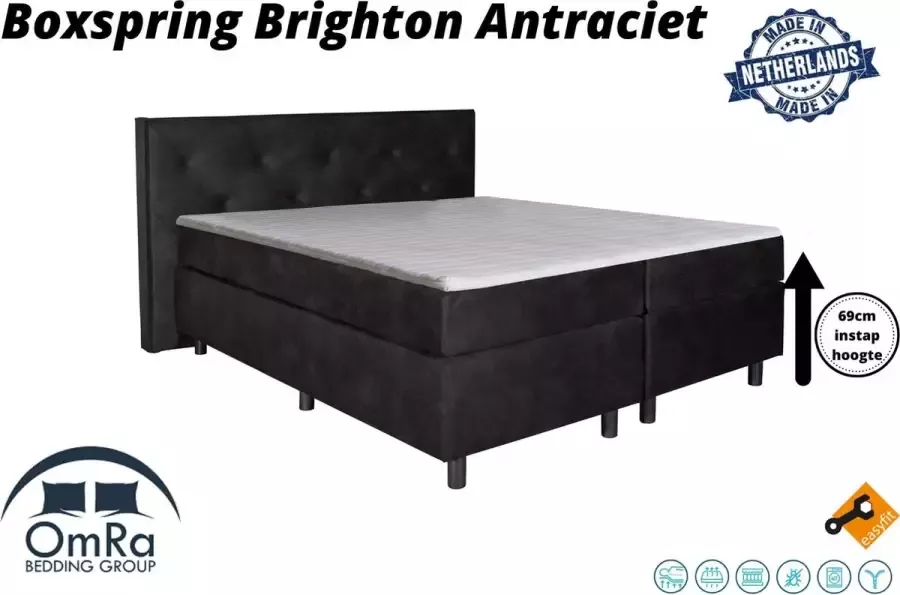 Omra bedding Omra Complete boxspring Brighton Antraciet 140x190 cm Inclusief Topdekmatras Hotel boxspring