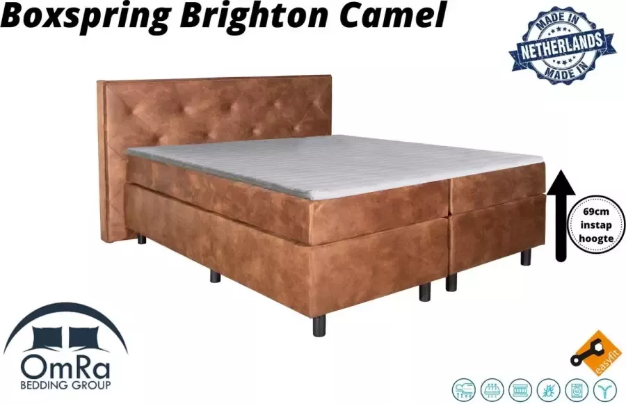 Omra bedding Omra Complete boxspring Brighton Camel 100x200 cm Inclusief Topdekmatras + Hoofdbord