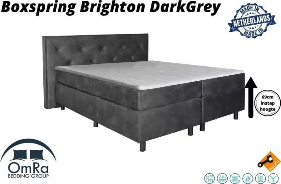 Omra bedding Omra Complete boxspring Brighton Dark grey 100x210 cm Inclusief Topdekmatras Hotel boxspring