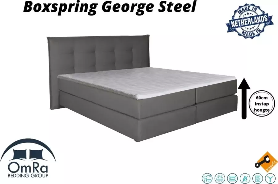 Omra bedding Omra Complete boxspring George Steel 200x210 cm Inclusief Topdekmatras Hotel boxspring