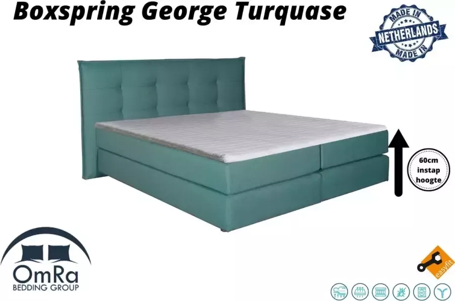 Omra bedding Omra Complete boxspring George Turquase 100x200 cm Inclusief Topdekmatras Hotel boxspring