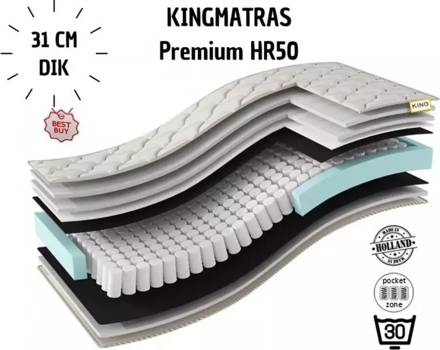 OmRa De Luxe KING matras Premium Pocket Matras 100x190cm 31cm dik Koudschuim 7zone Rits Tencel
