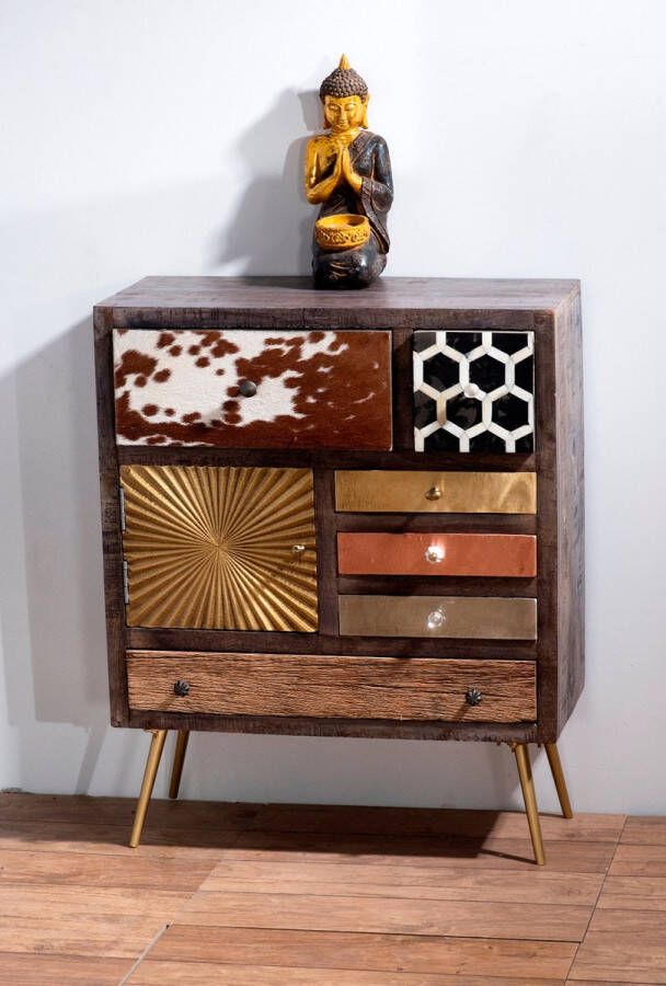 One Oak Dressoir 75 00x35 00x80 00 cm bruin met veelkleurige voor- en koperen gekleurde benen Mangohout