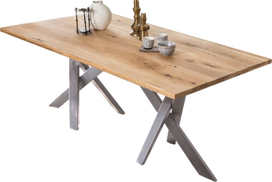 One Oak Eettafel 200 00x100 00x76 00 cm Naturel blad antiek zilveren frame Metaal