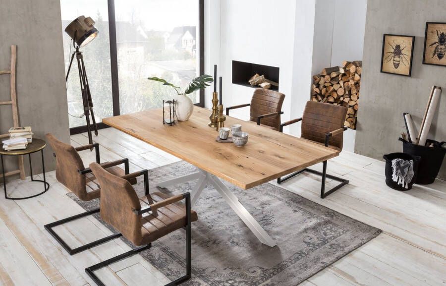 One Oak Eettafel 200 00x100 00x76 00 cm Naturel blad antiek zilveren frame Metaal