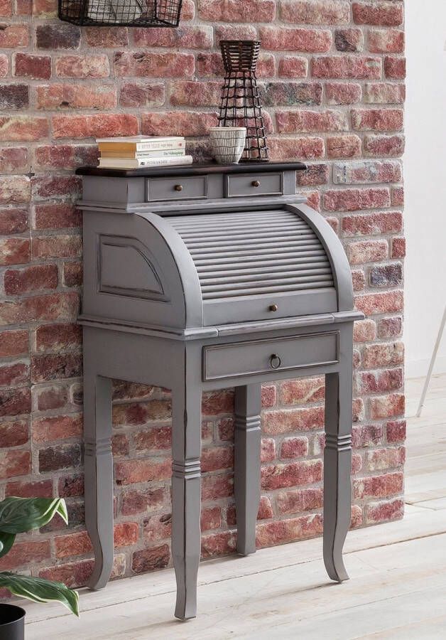 One Oak Secretaire 55 00x41 00x100 00 cm taupe met donkerbruine afdekplaat en messingkleurige handgrepen acacia massief