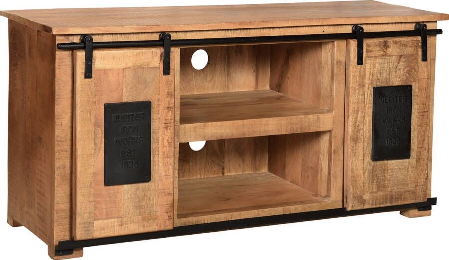 One Oak TV-Meubel 130 00x40 00x63 00 cm Natuurlijk met antieke zwarte fittingen Mangohout