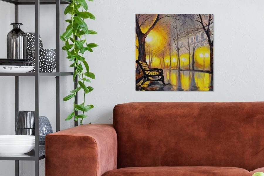 OneMillionCanvasses Canvas Licht Bomen Bank Muurdecoratie Woondecoratie Schilderij Oil painting 50x50 cm Wanddecoratie - Foto 2