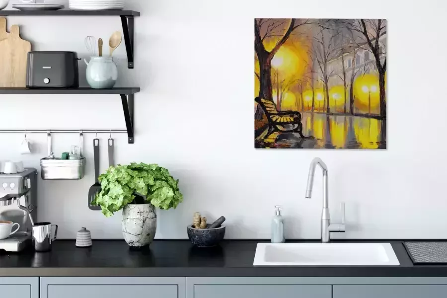 OneMillionCanvasses Canvas Licht Bomen Bank Muurdecoratie Woondecoratie Schilderij Oil painting 50x50 cm Wanddecoratie - Foto 3