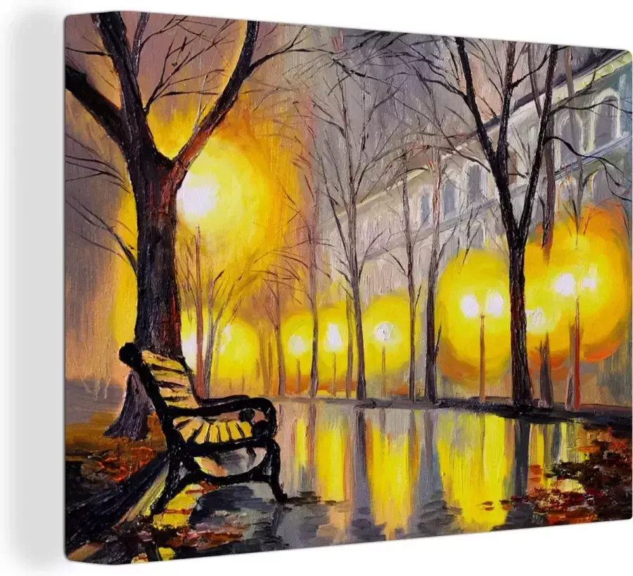 OneMillionCanvasses Canvas Licht Bomen Bank Muurdecoratie Woondecoratie Schilderij Oil painting 80x60 cm Wanddecoratie - Foto 3