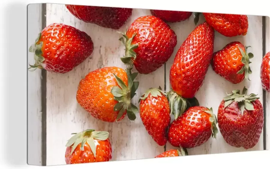 OneMillionCanvasses Canvas Schilderij Aardbei Fruit Tafel 40x20 cm Wanddecoratie