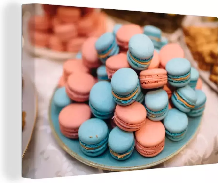 OneMillionCanvasses Canvas schilderij 180x120 cm Wanddecoratie Blauwe en roze macarons op tafel Muurdecoratie woonkamer Slaapkamer decoratie Kamer accessoires Schilderijen