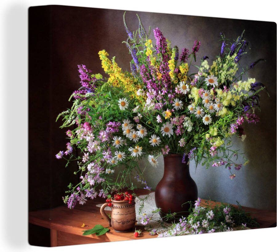 OneMillionCanvasses Canvas schilderij 160x120 cm Wanddecoratie Bloemen Tafel Stilleven Boeket Vaas Muurdecoratie woonkamer Slaapkamer decoratie Kamer accessoires Schilderijen op canvas - Foto 2