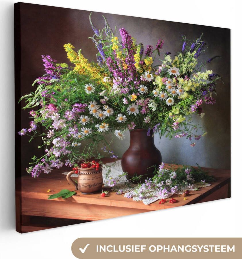 OneMillionCanvasses Canvas Schilderij Bloemen Tafel Stilleven Boeket Vaas 160x120 cm Wanddecoratie XXL