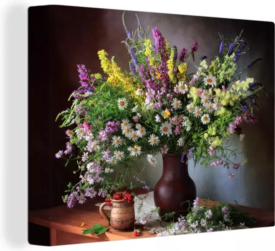OneMillionCanvasses Canvas schilderij 80x60 cm Wanddecoratie Bloemen Tafel Stilleven Boeket Vaas Muurdecoratie woonkamer Slaapkamer decoratie Kamer accessoires Schilderijen op canvas