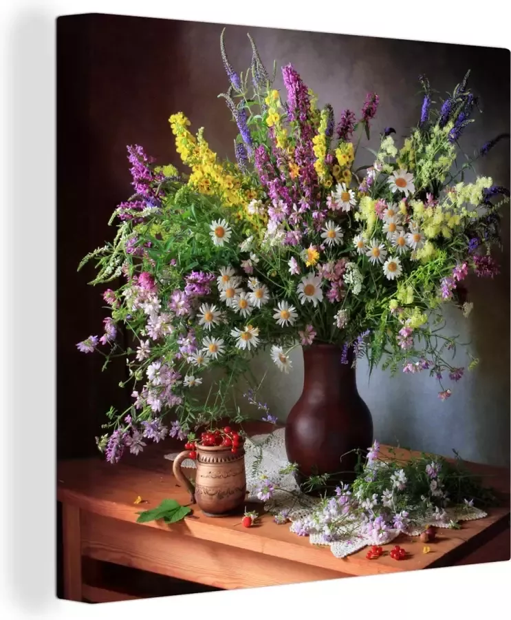 OneMillionCanvasses Canvas Schilderij Bloemen Tafel Stilleven Boeket Vaas 90x90 cm Wanddecoratie