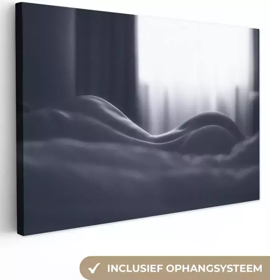 OneMillionCanvasses Canvas schilderij Canvas doek Schilderij woonkamer Wanddecoratie woonkamer Portret Vrouw Bed Zwart wit 120x80 cm