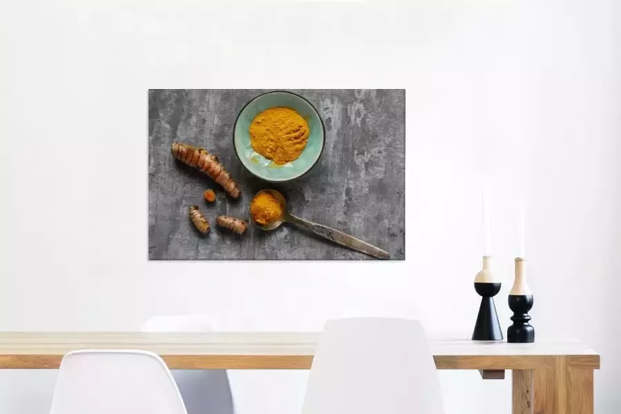 OneMillionCanvasses Canvas Schilderij Decoratieve kom op een stenen tafel met kurkuma 60x40 cm Wanddecoratie
