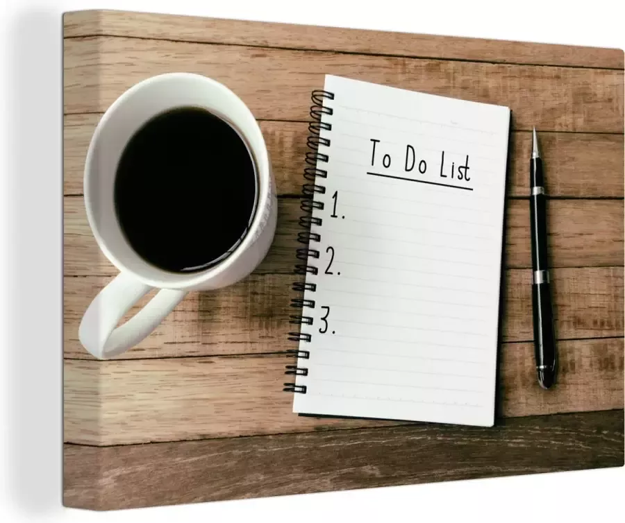OneMillionCanvasses Canvas Schilderij Een agenda met een pen en koffie op een houten bureau 120x80 cm Wanddecoratie
