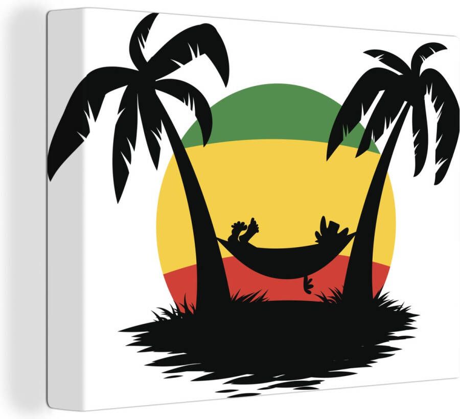 OneMillionCanvasses Canvas Schilderij Een illustratie van het ontspannen in een hangmat met reggae kleuren 160x120 cm Wanddecoratie XXL