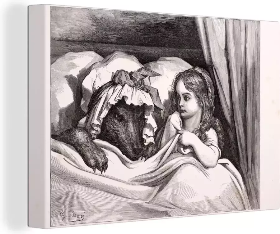 OneMillionCanvasses Canvas Schilderij Een illustratie van roodkapje met de wolf in een bed 120x80 cm Wanddecoratie