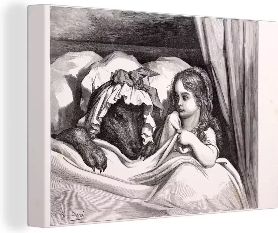 OneMillionCanvasses Canvas schilderij 180x120 cm Wanddecoratie Een illustratie van met de wolf in een bed Muurdecoratie woonkamer Slaapkamer decoratie Kamer accessoires Schilderijen
