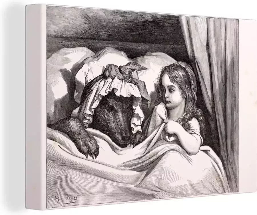 OneMillionCanvasses Canvas Schilderij Een illustratie van roodkapje met de wolf in een bed 60x40 cm Wanddecoratie