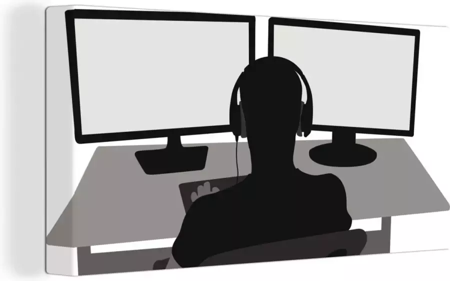 OneMillionCanvasses Canvas schilderij 160x80 cm Wanddecoratie Gamer Computer Bureau Illustratie Muurdecoratie woonkamer Slaapkamer decoratie Kamer accessoires Schilderijen